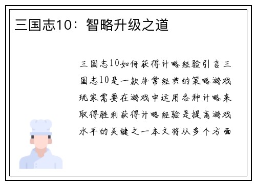 三国志10：智略升级之道